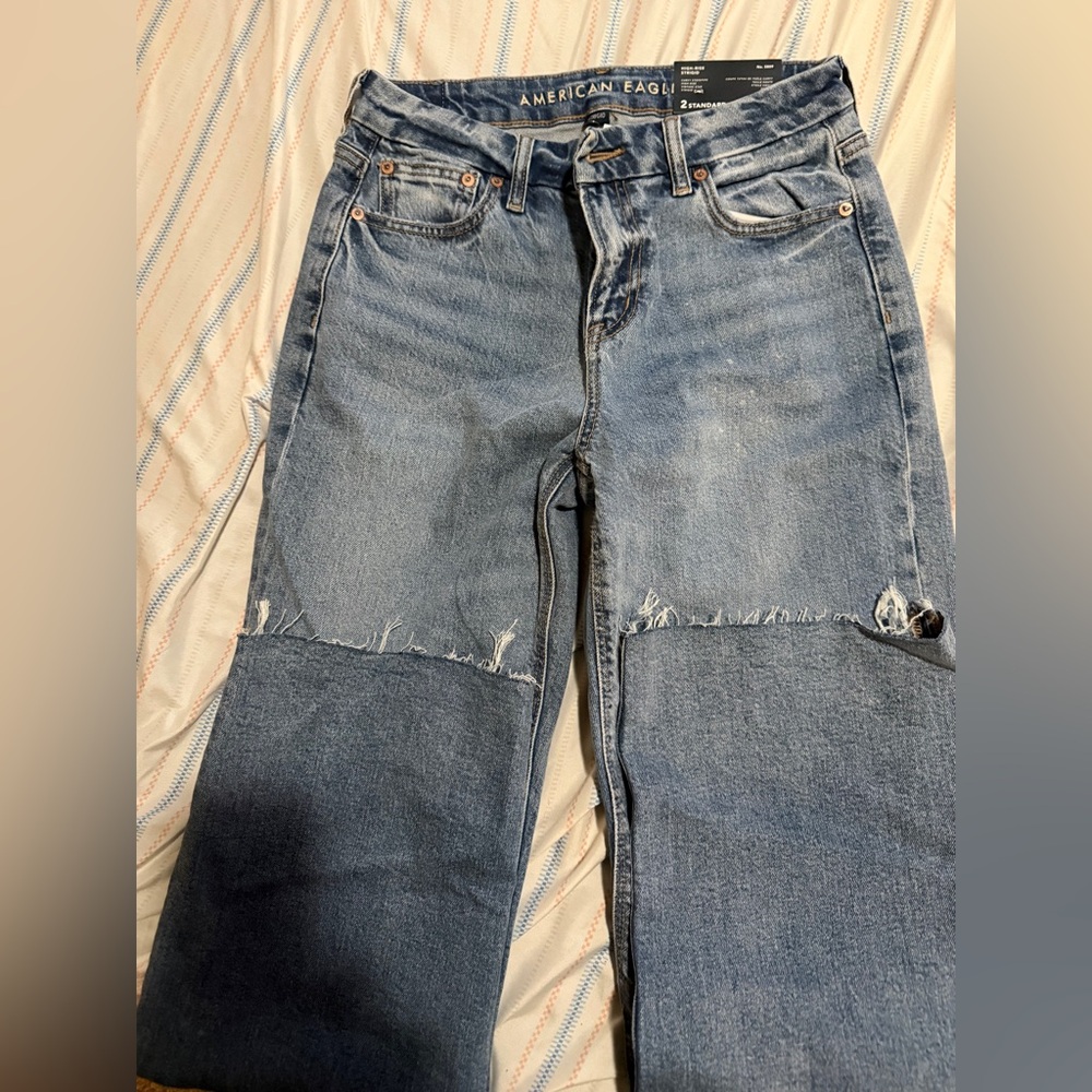 American Eagle Outfitters Women's Two-Tone Distressed Wide-Leg Jeans - Blue